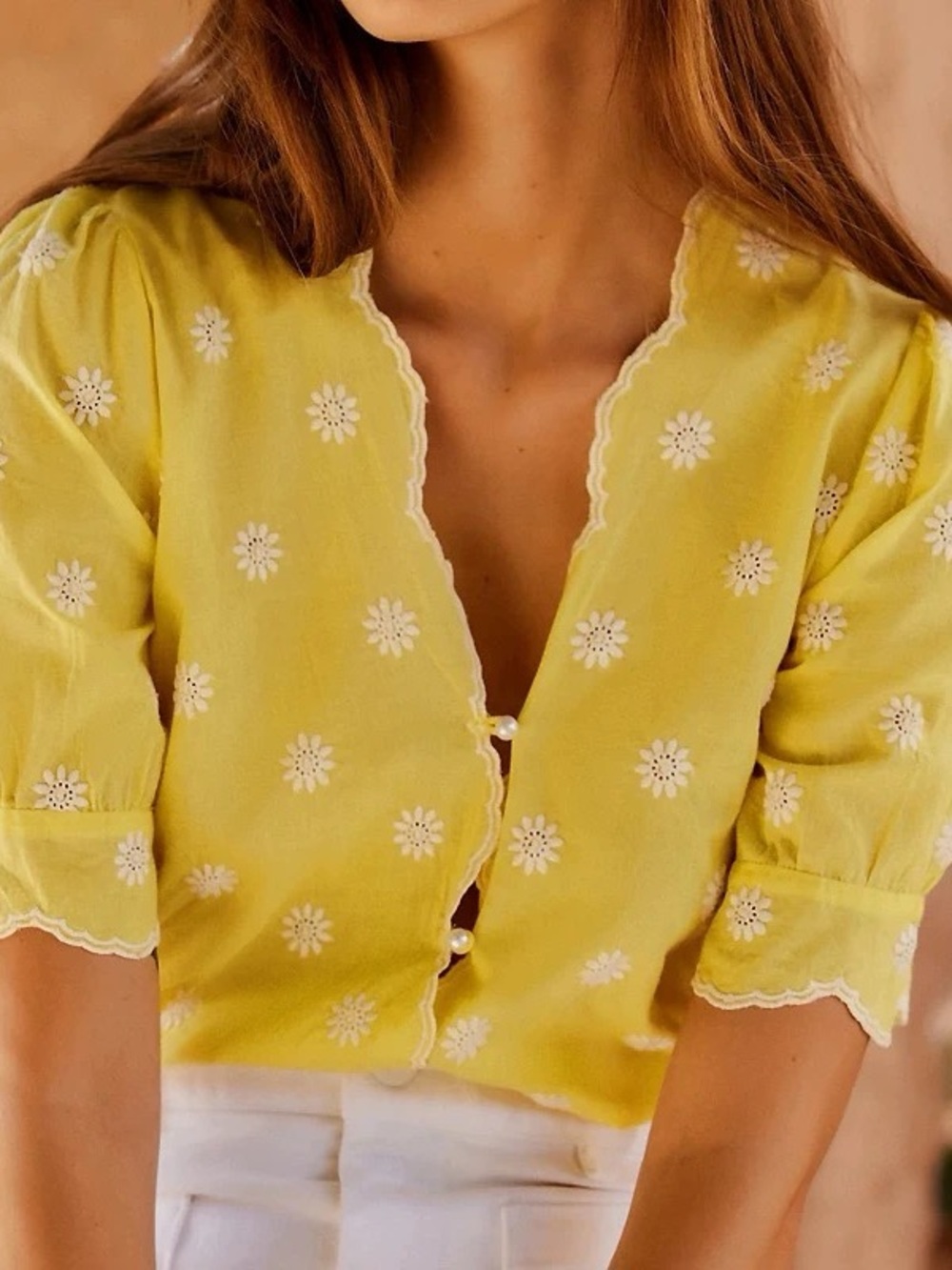 French Style Yellow Embroidered Daisy Button-Front Women’s Top